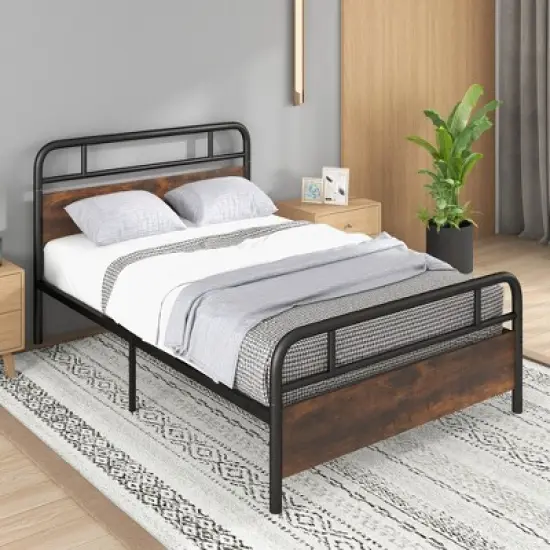Costway Metal Platform Bed Frame Industrial Headboard Mattress Foundation image {4}