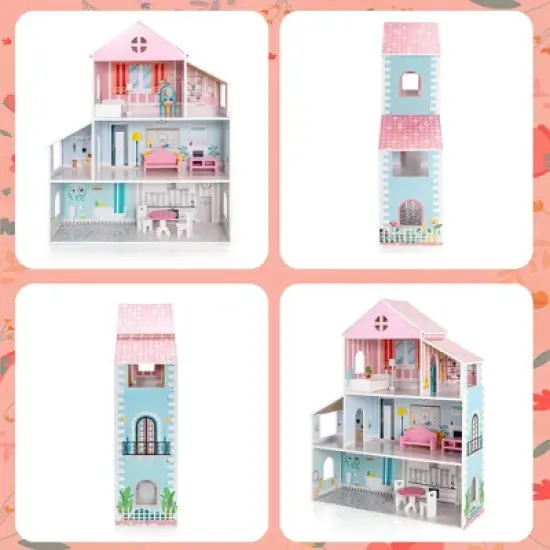 Costway Wooden Dollhouse For Kids 3-Tier Toddler Doll House W/Furniture Gift For Age 3+ image {9}