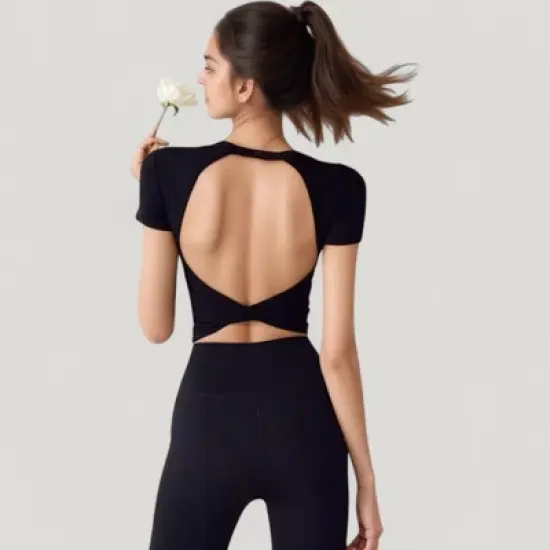 Anna-Kaci Active Women's Short Sleeve Open Back Crop Top with Twist Detail and Fitted Silhouette image {3}