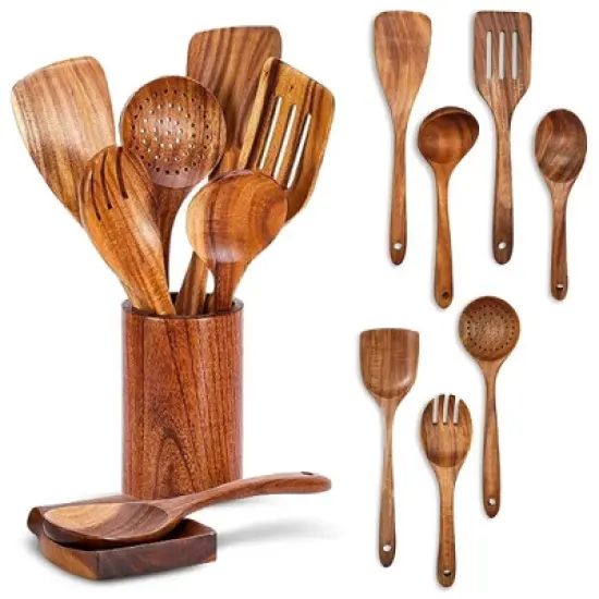 Cheer Collection 9 Piece Deluxe Wooden Utensils Set with Holder and Spoon Rest image {8}