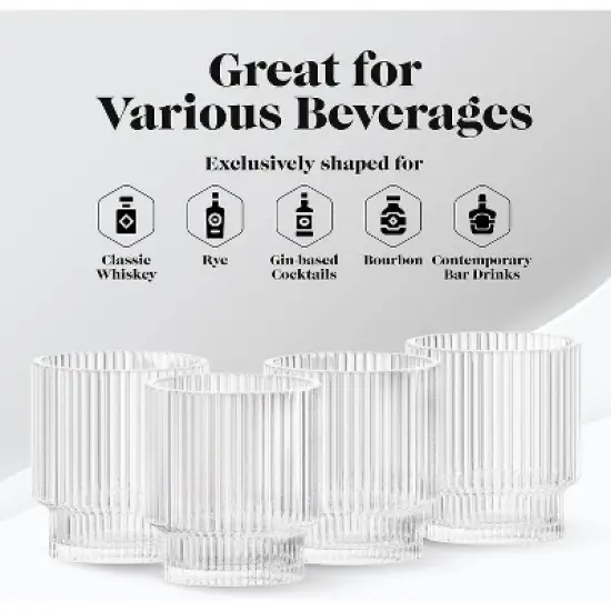 American Atelier Vintage Art Deco 9 oz. Fluted Drinking Glasses Set of 4, Old Fashion Tumbler for Cocktails, Ribbed Lowball Glass Cup, Clear image {2}