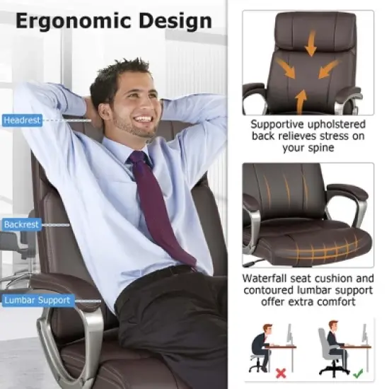 Costway Ergonomic Office Chair PU Leather Executive Swivel with Upholstered Armrests Brown image {5}
