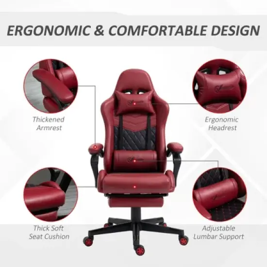 Vinsetto Racing Gaming Chair Diamond PU Leather Office Gamer Chair High Back Swivel Recliner with Footrest, Lumbar Support, Adjustable Height, Red image {4}