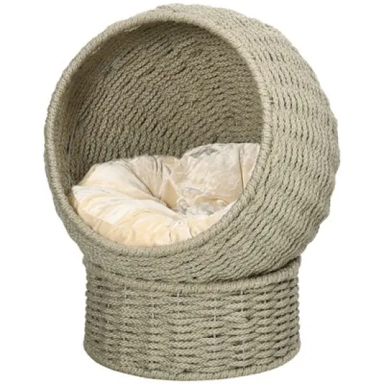 PawHut Elevated Cat Basket Bed with Cushion, Cat Egg Chair Shape, Cute Cat Condo with Stand for Indoor Cats, 20" Dia. x 23.5" H, Herbal Grey image {3}