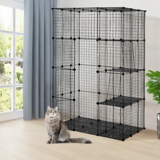 DOMETOUR 3-Tier Wire Cat Cage, Large Kennels Playpen with 3 Platforms, 3 Ramp Ladders and 4 Doors, 42" x 42" x 72", Black image {14}