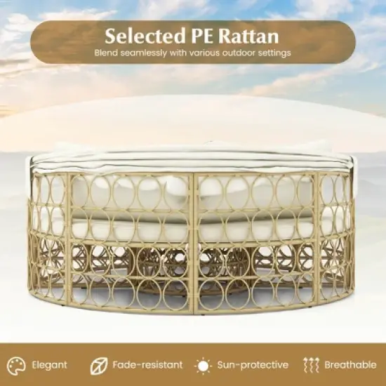 Tangkula Round Daybed w/ Retractable Canopy Soft Cushions for Patio Beige & Off White image {1}
