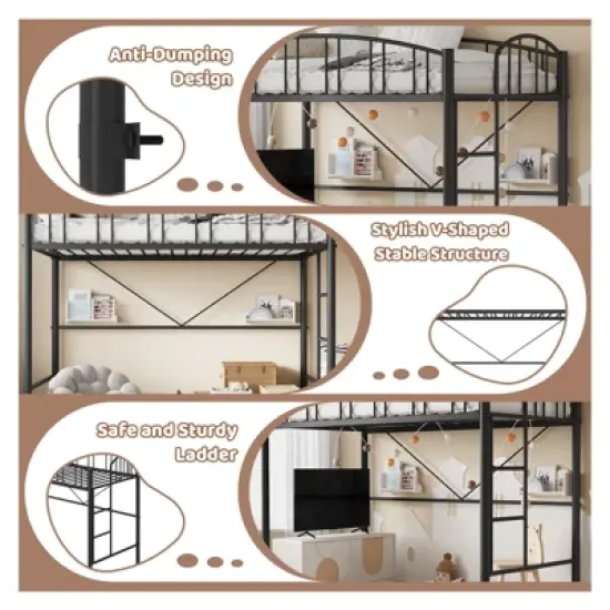 Garvee Loft Bed Twin Size, Heavy Duty Metal Loft Bed Frame with Arched Guardrail and Safety Ladder, Space-Saving, No Box Spring Needed, Black image {5}