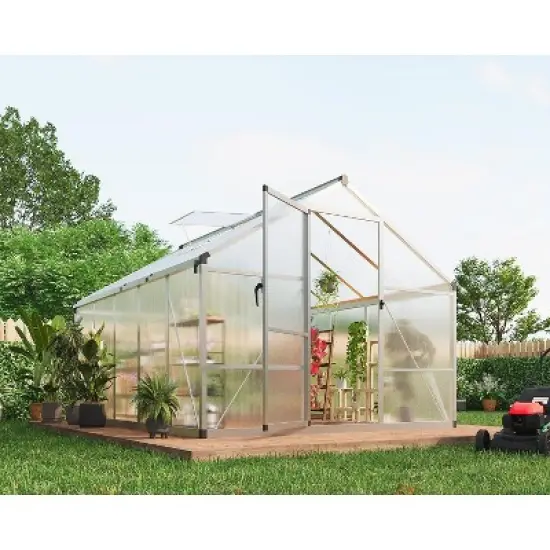 8x10 FT Aluminum Large Walk-in Green House Polycarbonate Greenhouse with Roof Vent Ground Nails Lockable Push Door image {11}