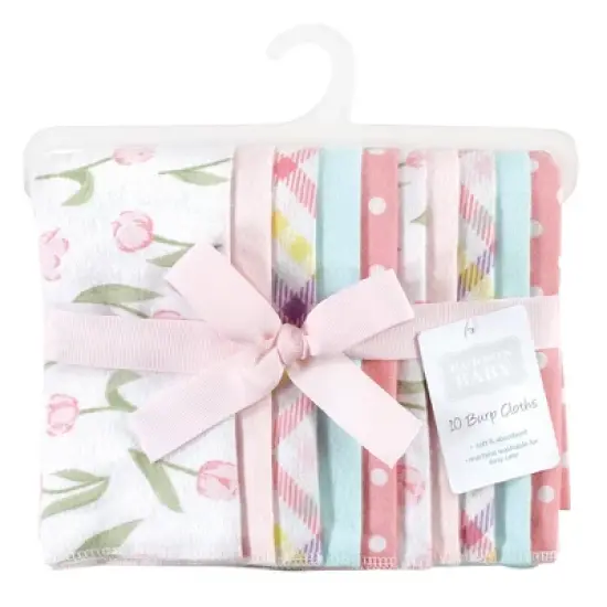 Hudson Baby Infant Girl Cotton Flannel Burp Cloths, Pink Tulips, One Size image {1}