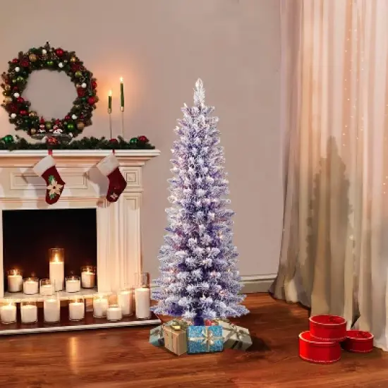 4.5ft Puleo Pre-Lit Purple Flocked Slim Artificial Christmas Tree Clear Lights: Indoor Holiday Decor with Metal Base image {1}