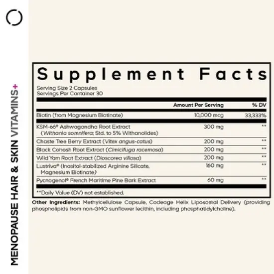 Codeage Menopause Hair & Skin Vitamins+ - Patented Lustriva, Pycnogenol, Hair Density Skin Perimenopause Support - Menopause Supplement, 60 Capsules image {2}