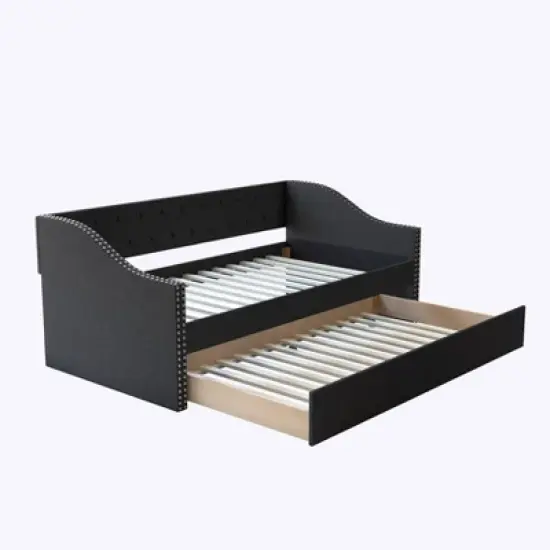 Twin Nora Tufted Linen with Nail Button Trim Upholstered Day Bed and Roll Out Trundle Frame Set - Eco Dream image {1}