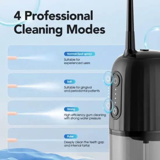 Operan Wireless Water Flosser, Portable Electric Water Dental Flossers, Oral Irrigator with 4 Nozzles, 4 Modes, 200 ml, IPX7 Waterproof, Rechargeable for Teeth Cleaning, for Family and Travel image {2}