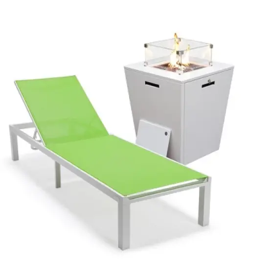 LeisureMod Marlin Modern Outdoor Patio Chaise Lounge Chair in White Aluminum Frame with Square Fire Pit Side Table image {19}