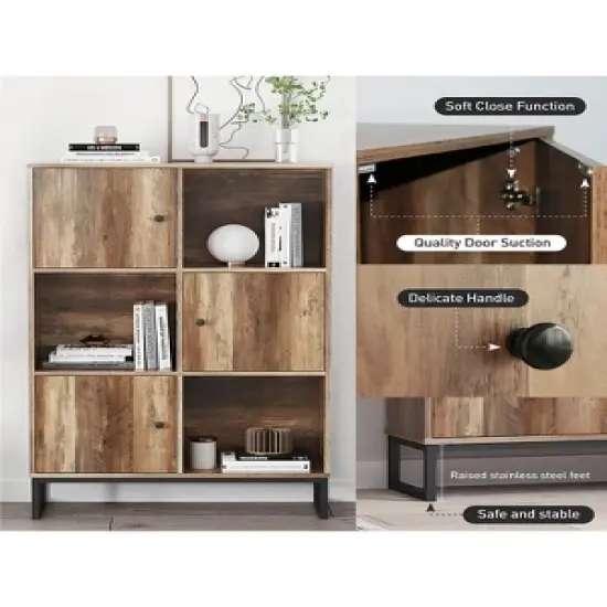 Year Color 3 Tier Free-Standing Modern Open Brown Wood Narrow Bookcase With Doors, Legs And 2X3 Cube Storage Organizer For Office or Library image {5}