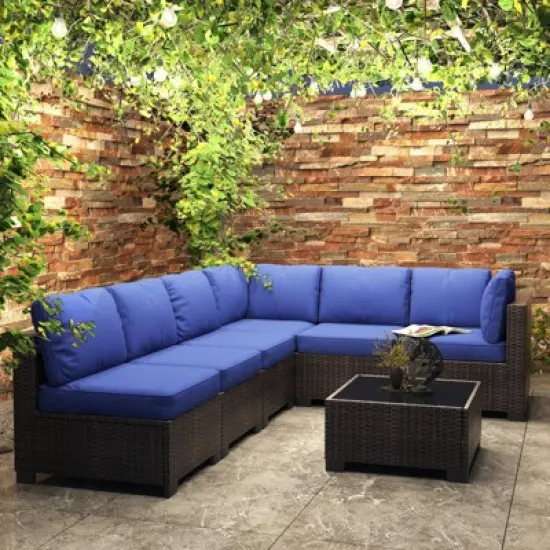 homfan 7 Piece Outdoor Patio Furniture Set, PE Rattan Conversation Sofa Set, Wicker Patio Set w/Thick Cushions & Glass Top Coffee Table image {8}