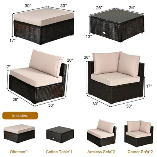 Costway 6PCS Outdoor Rattan Furniture Set Patio Seating Set Cushioned Ottoman image {2}