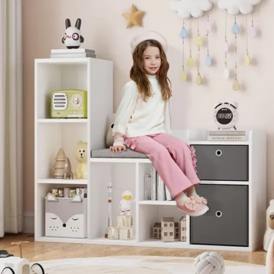 Kids Bookshelf, Children Bookcase with Soft Cushion Seat &ndash; Children&rsquo;s Toy Storage Cubby & Reading Nook, 44.1" Kids Storage Cabinet for Playroom image {2}