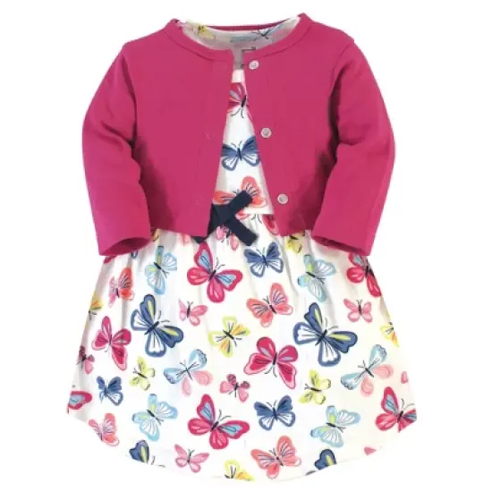 Touched by Nature Baby and Toddler Girl Organic Cotton Dress and Cardigan 2pc Set, Bright Butterflies image {4}