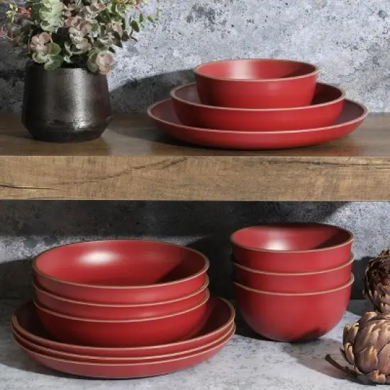 Gibson Home Rockabye 12 Piece Double Bowl Malemine Dinnerware Set in Red image {3}
