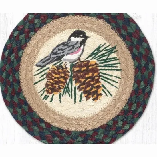 Earth Rugs Round Trivet &ndash; Chickadee Bird Print on Braided Jute, 10"x10", Rustic Nature-Inspired Design image {2}