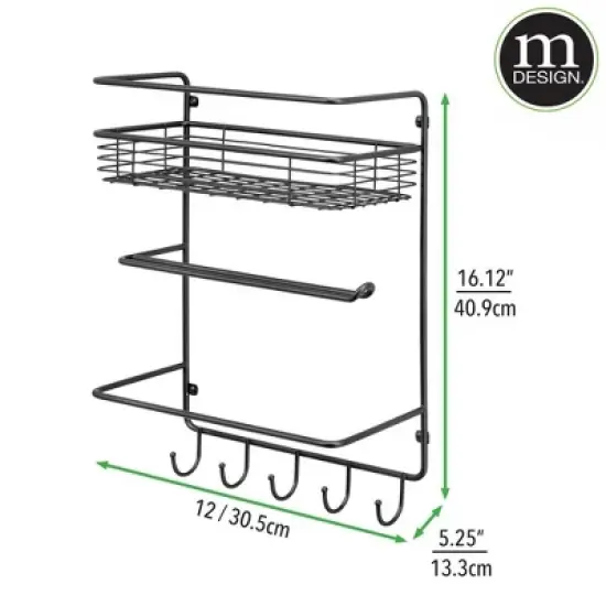 mDesign Metal Wall Mount Paper Towel Holder with Storage Shelf & Hooks - Black image {2}