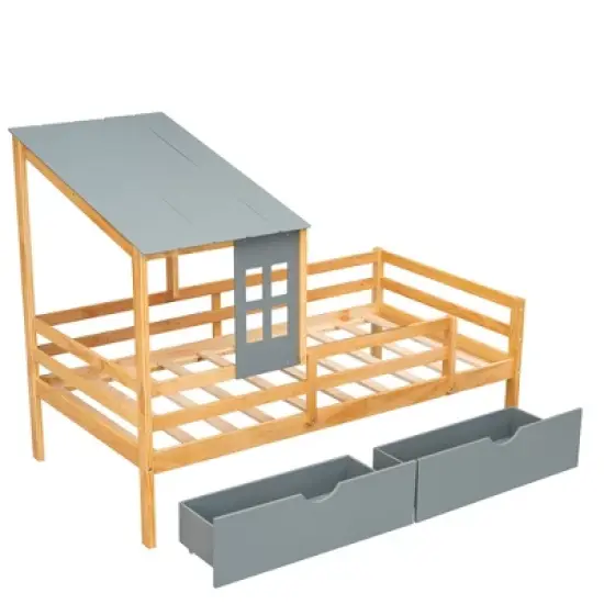 Twin Size House Low Loft Bed with Two Storage Drawers - ModernLuxe image {3}