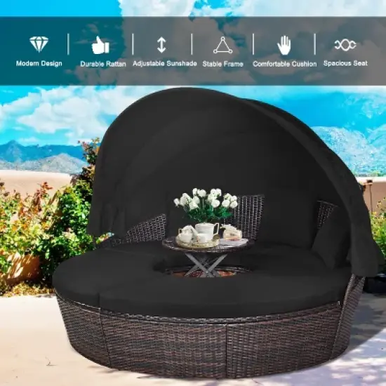 Tangkula Cushioned Patio Rattan Round Daybed w/ Adjustable Table 3 Pillows Black image {5}