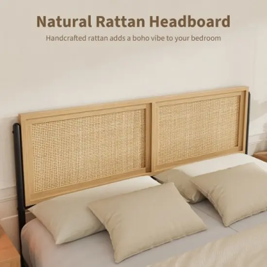 Garvee Bed Frame with Natural Rattan Headboard and Footboard, Wooden Platform No Box Spring Needed, Noise-Free Metal Bedframe image {3}