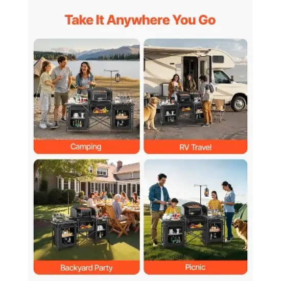 VEVOR Camping Kitchen Table, Outdoor Camp Cooking Table, Aluminum Portable Cook Station with 3 Storage Cupboard, Carrying Bag, Black image {6}