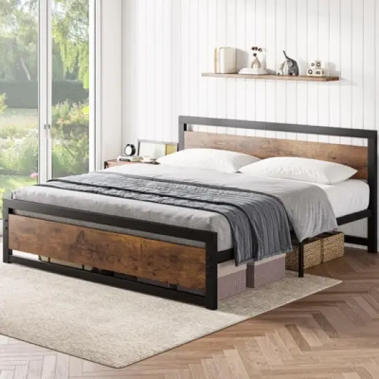 Full Size Bed Frame, 14 Inch King Size Bed Platform Industrial with Headboard No Box Spring Needed, Easy Assemble Mattress Bedframe Retro Brown image {2}
