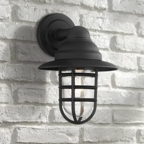 John Timberland Marlowe Rustic Industrial Outdoor Wall Light Fixtures Set of 2 Black Hooded Cage 13" Clear Glass for Post Exterior Barn image {6}