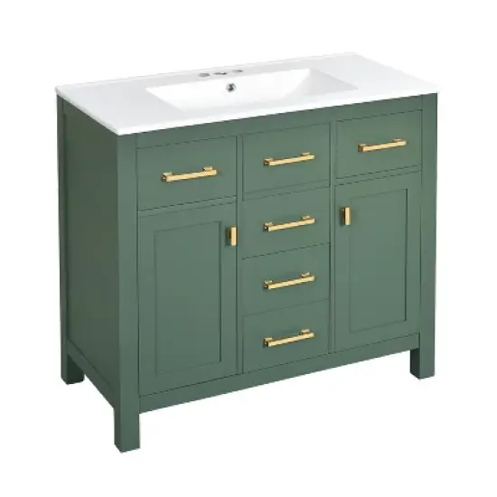 36" Freestanding Bathroom Vanity With Ceramic Sink, 2 Cabinets and 4 Drawers, Green 4W - ModernLuxe image {7}