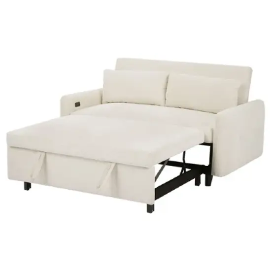 Okak Modern Pull-out Sofa Bed 57.48" Convertible Loveseat Sleeper Couch Futon with 2 Throw Pillows & USB Ports for Living Room image {4}