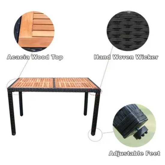 YOOCOZZ 7-Piece Outdoor PE Rattan Dining Set with Acacia Wood Handrail and Tabletop - Black+Cream image {3}