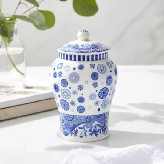 Spode Blue Italian Brocato Porcelain Ginger Jar - 5-Inch Decorative Lidded Accent with Imari Border in Classic Blue & White for Traditional image {5}