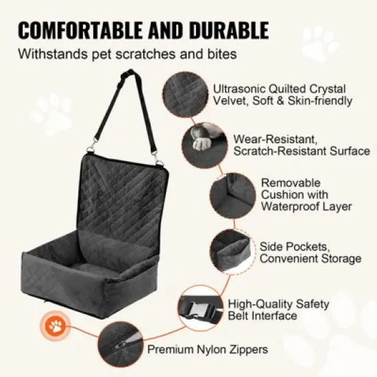 VEVOR Dog Car Seat, Dog Booster Seat for Car with A Storage Pocket, Clip-On Safety Leash, Sponge and PP Cotton Filling, Dog Car Bed image {3}