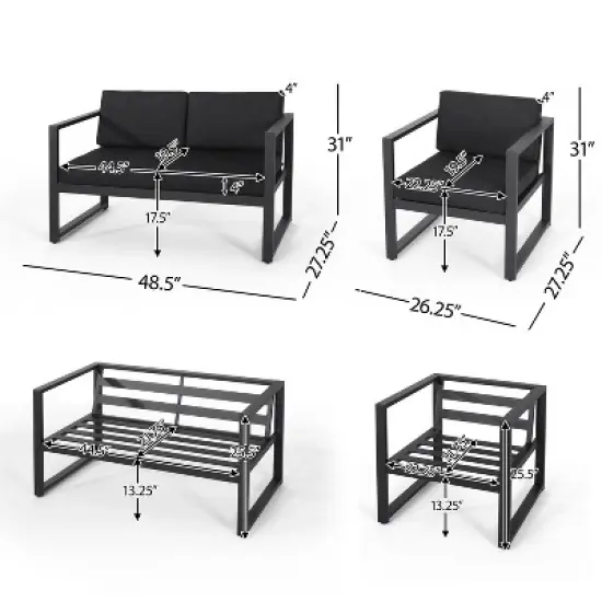 Christopher Knight Home Eclipse Outdoor Aluminum 4 Seater Chat Set with Fire Pit, Black/Dark Gray image {2}