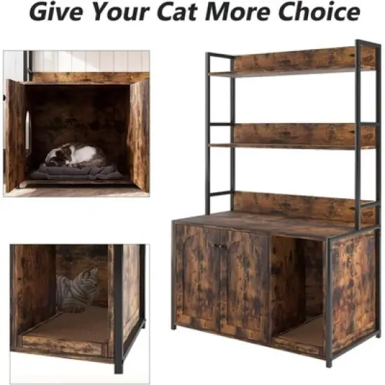 Cat Litter Box Enclosure Furniture, Hidden Litter Box with Scratch Pad Wooden Cat Bathroom Storage with 2 Doors and Shelf Cat Cabinet image {2}