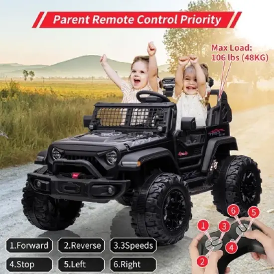 2 Seaters Kids Ride On Truck, 24V 9Ah Electric Riding Car with Remote Control, Led Light, Storage Space, Bottle Holder, Music, Horn, USB image {4}