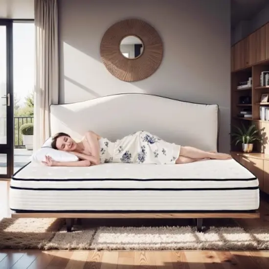 Luck Live 12 inch boxed Queen mattress, medium firmness support, pressure relief, and CertiPUR-US certified. image {1}