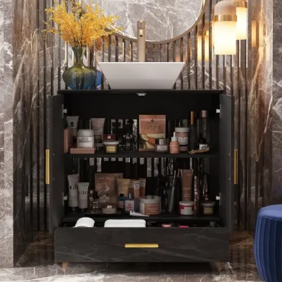 FUFU&GAGA Modern Bathroom Vanity Cabinet with Gold Handles, High-Gloss Finish image {2}