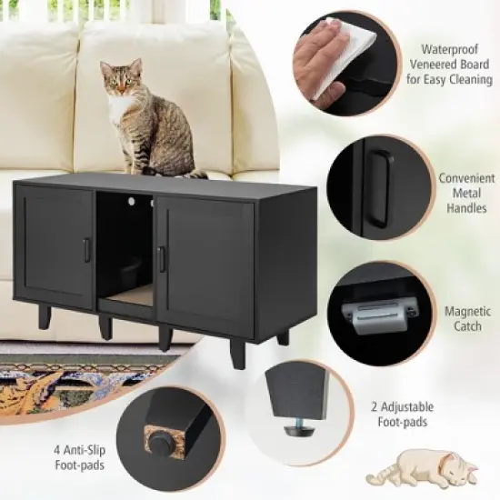 Tangkula Cat Litter Box Enclosure TV Stand Cabinet Hidden Cat House Washroom W/ 2 Doors image {5}