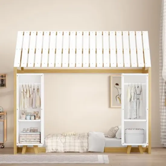 Okak Montessori Playhouse Floor Bed Twin Size,House-Shaped Kids Bed with Safety Rails & Roof, Built-in Storage Cabinets & Imaginative Play Area image {6}