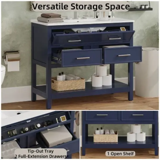 Christopher Knight Home Lowell Contemporary 36" Bathroom Vanity with Ceramic Sink, Tip-Out Tray, 2 Drawers and Open Shelf image {5}