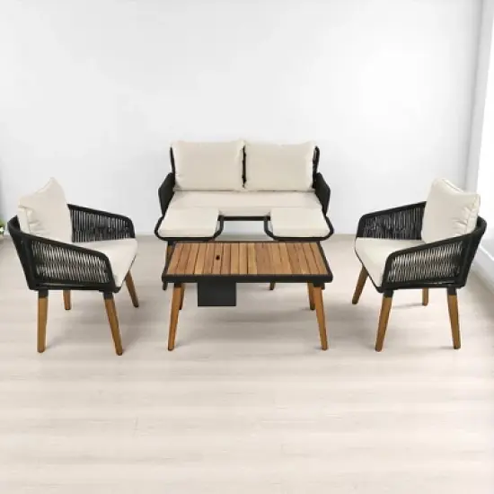 6-Piece Outdoor Wicker Sofa Set with Unique Rope Weaving, Acacia Wood Coffee Table with Ice Bucket, and Ottomans image {14}