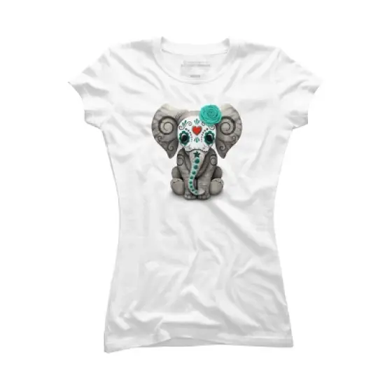 Junior's Design By Humans Blue Day of the Dead Sugar Skull Baby Elephant By jeffbartels T-Shirt image {4}