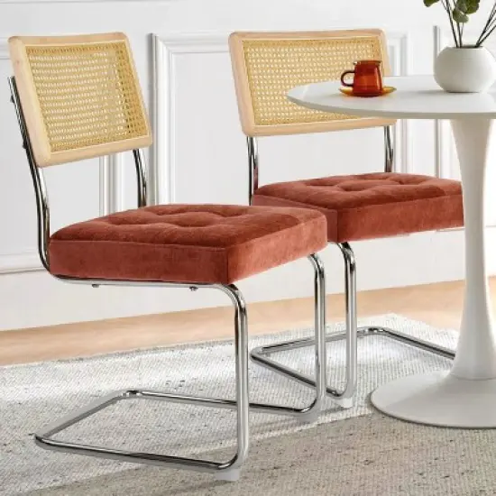 Set of 2 Kylie 20.5" Wider Flannel Upholstered Tufted Seat With Metal Chrome Legs and Woven Rattan Backrest Dining Chairs - The Pop Maison image {2}