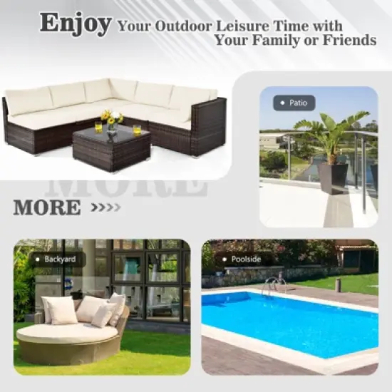 Tangkula 6PCS Wicker Patio Sectional Conversation Furniture Set with Seat Cushions & Coffee Table image {2}