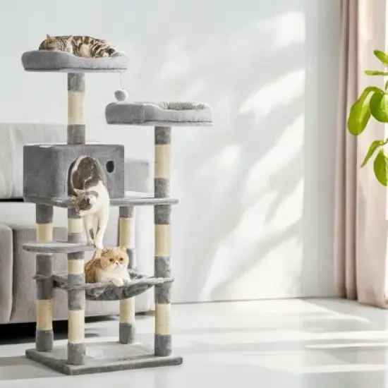 56.3in Cat Tower for Large Cats Indoor Cat Tree Cat Condo with Scratching Posts, Hammock, Plush Perch, Cat Furniture image {1}